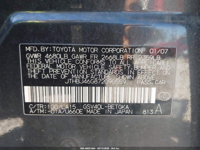 Продаж на аукціоні авто 2007 Lexus Es 350, vin: JTHBJ46G872090559, номер лоту: 45021464