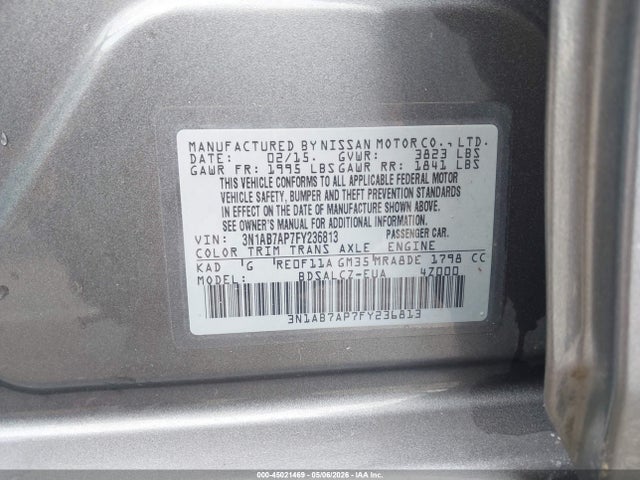 Продаж на аукціоні авто 2015 Nissan Sentra Fe+ S/s/sl/sr/sv, vin: 3N1AB7AP7FY236813, номер лоту: 45021469