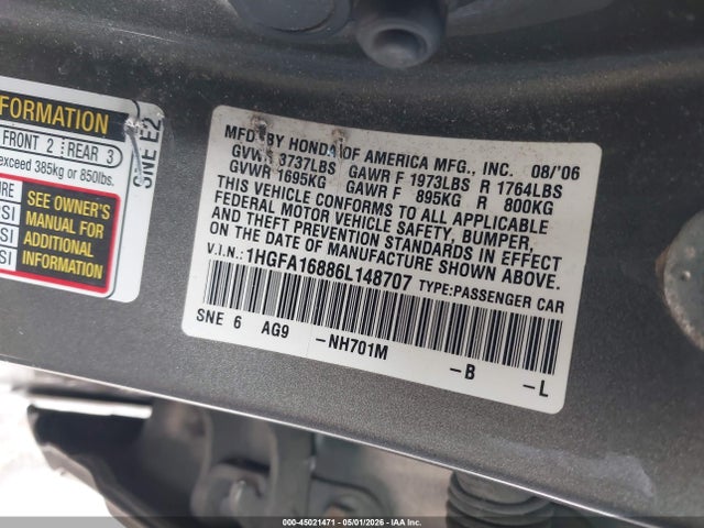 Продаж на аукціоні авто 2006 Honda Civic Ex, vin: 1HGFA16886L148707, номер лоту: 45021471