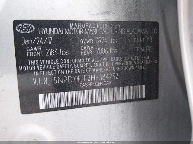 Aukcja sprzedaży 2017 Hyundai Elantra Se, vin: 5NPD74LF2HH184232, numer aukcji: 45021498