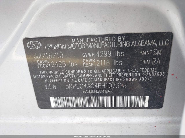 Aukcja sprzedaży 2011 Hyundai Sonata Se, vin: 5NPEC4AC4BH107328, numer aukcji: 45021505