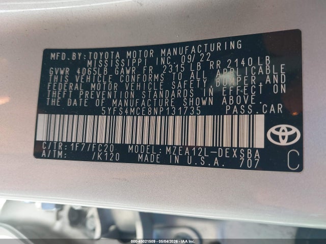 Продажа на аукционе авто 2022 Toyota Corolla Se, vin: 5YFS4MCE8NP131735, номер лота: 45021509