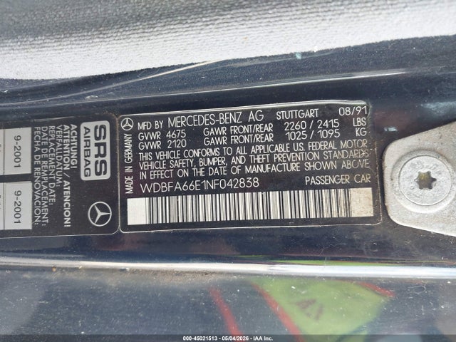 45021513 :رقم المزاد ، WDBFA66E1NF042838 vin ، 1992 Mercedes-benz 500 Sl مزاد بيع
