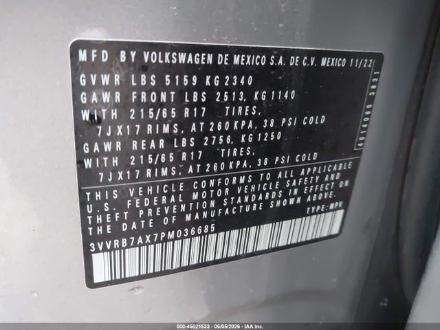 Aukcja sprzedaży 2023 Volkswagen Tiguan 2.0t S, vin: 3VVRB7AX7PM036685, numer aukcji: 45021533