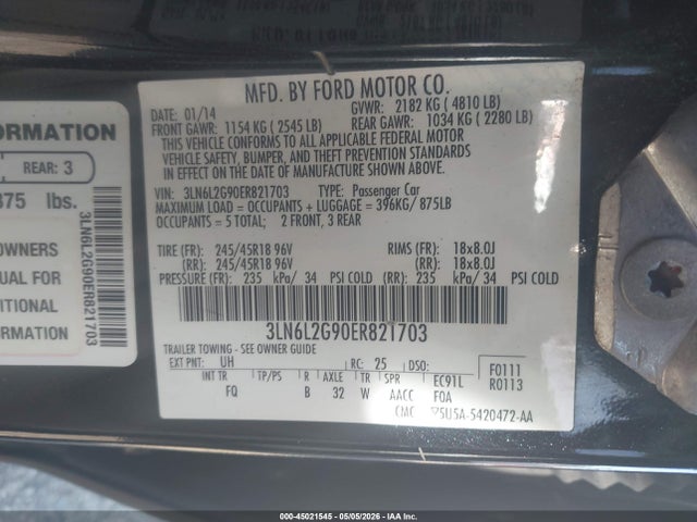 2014 Lincoln Mkz მანქანა იყიდება აუქციონზე, vin: 3LN6L2G90ER821703, აუქციონის ნომერი: 45021545