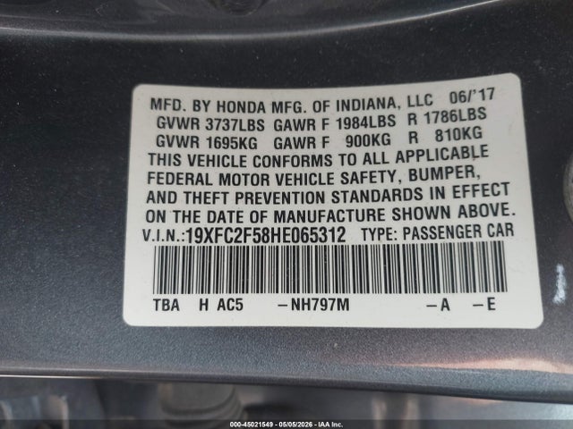 Aukcja sprzedaży 2017 Honda Civic Lx, vin: 19XFC2F58HE065312, numer aukcji: 45021549