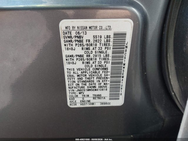 45021555 :رقم المزاد ، JN8CS1MW5EM410616 vin ، 2014 Infiniti Qx70 مزاد بيع