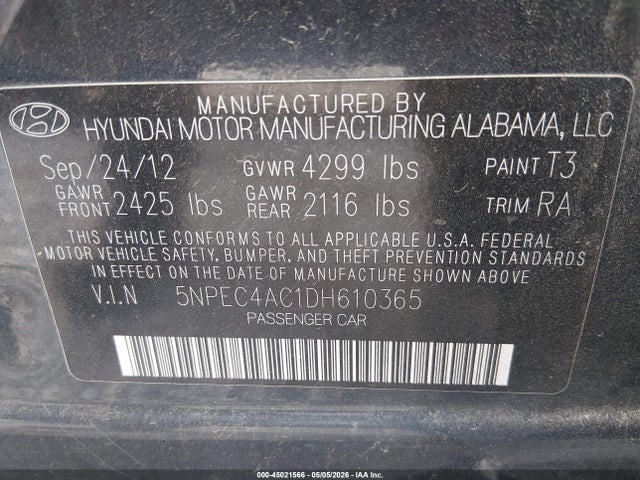 2013 Hyundai Sonata Limited მანქანა იყიდება აუქციონზე, vin: 5NPEC4AC1DH610365, აუქციონის ნომერი: 45021566
