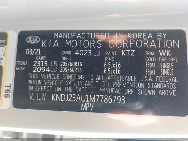 Aukcja sprzedaży 2021 Kia Soul S, vin: KNDJ23AU1M7786793, numer aukcji: 45021599