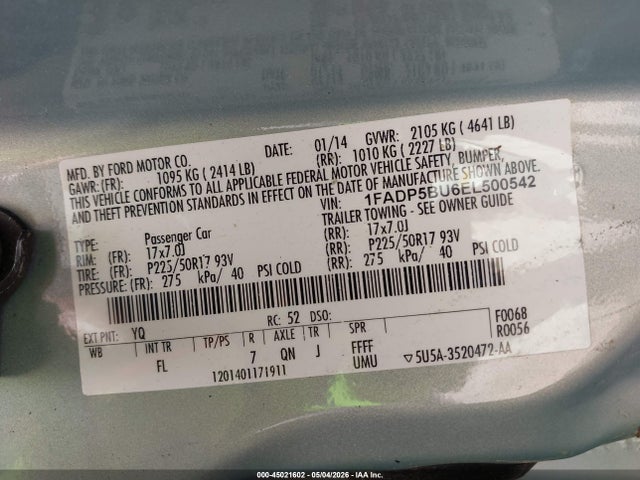 Продаж на аукціоні авто 2014 Ford C-max Hybrid Sel, vin: 1FADP5BU6EL500542, номер лоту: 45021602