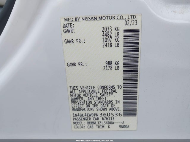 1N4BL4EW9PN360536 Nissan Altima Sl Intelligent Awd