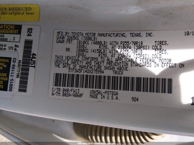 45021610 :رقم المزاد ، 5TFDW5F14DX275994 vin ، 2013 Toyota Tundra Grade 5.7l V8 مزاد بيع