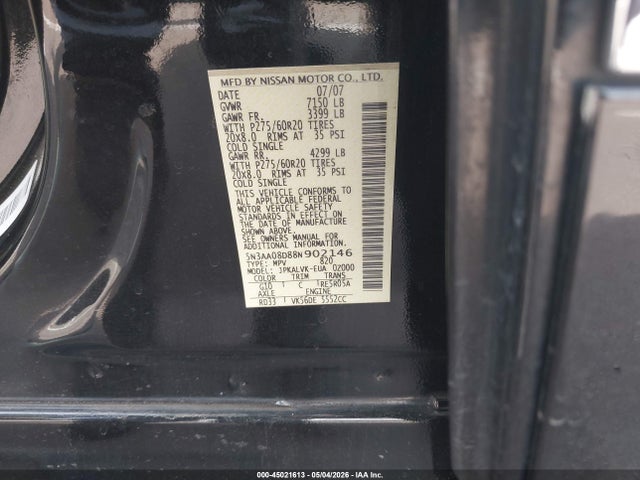45021613 :رقم المزاد ، 5N3AA08D88N902146 vin ، 2008 Infiniti Qx56 مزاد بيع
