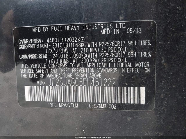 45021618 :رقم المزاد ، JF2SJAGC5EH451222 vin ، 2014 Subaru Forester 2.5i Premium مزاد بيع