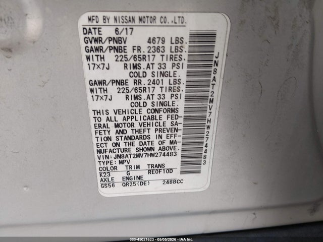 Aukcja sprzedaży 2017 Nissan Rogue S, vin: JN8AT2MV7HW274483, numer aukcji: 45021623