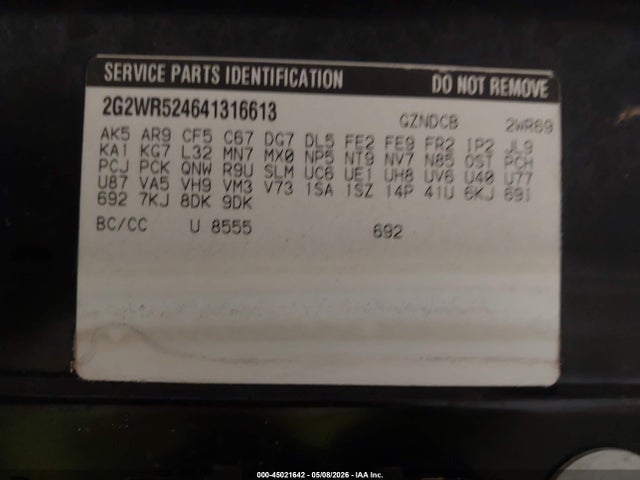 2004 Pontiac Grand Prix Gtp მანქანა იყიდება აუქციონზე, vin: 2G2WR524641316613, აუქციონის ნომერი: 45021642