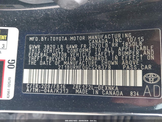 Toyota COROLLA LE 2016 2T1BURHE0GC528378 Image 9