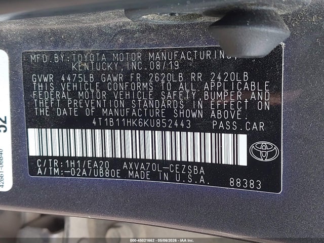4T1B11HK6KU852443 Toyota CAMRY SE