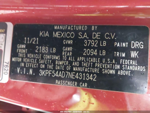 2022 Kia Forte Gt-line მანქანა იყიდება აუქციონზე, vin: 3KPF54AD7NE431342, აუქციონის ნომერი: 45021667