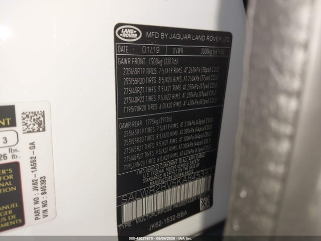 Aukcja sprzedaży 2019 Land Rover Range Rover Sport Hse, vin: SALWR2RV5KA845393, numer aukcji: 45021670