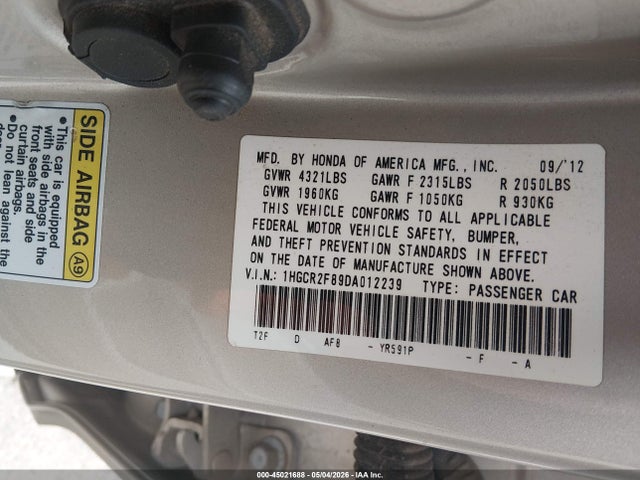 45021688 :رقم المزاد ، 1HGCR2F89DA012239 vin ، 2013 Honda Accord Ex-l مزاد بيع