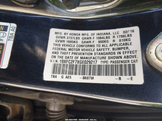 Auction sale of the 2016 Honda Civic Ex, vin: 19XFC2F7XGE029217, lot number: 45021695