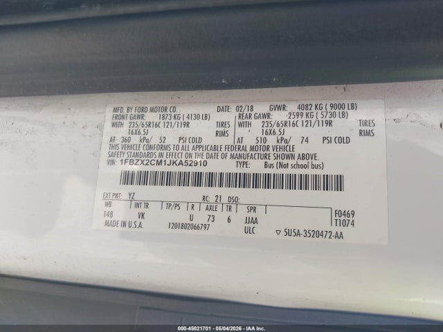Продажа на аукционе авто 2018 Ford Transit-350 Xl, vin: 1FBZX2CM1JKA52910, номер лота: 45021701