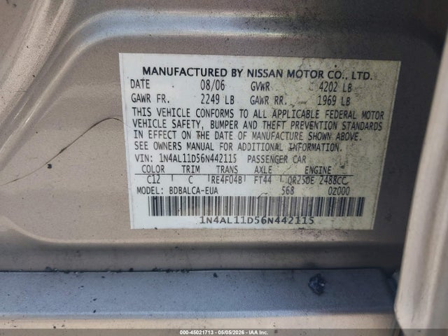 Aukcja sprzedaży 2006 Nissan Altima 2.5 S, vin: 1N4AL11D56N442115, numer aukcji: 45021713