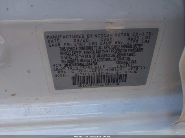 2020 Nissan Versa S Xtronic Cvt მანქანა იყიდება აუქციონზე, vin: 3N1CN8DV5LL884708, აუქციონის ნომერი: 45021714