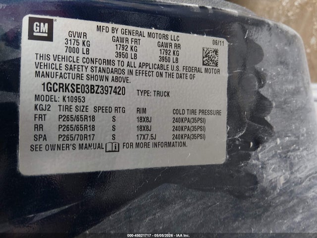 45021717 :رقم المزاد ، 1GCRKSE03BZ397420 vin ، 2011 Chevrolet Silverado 1500 Lt مزاد بيع
