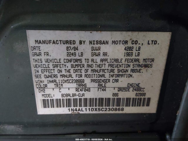 2005 Nissan Altima 2.5 S მანქანა იყიდება აუქციონზე, vin: 1N4AL11DX5C230868, აუქციონის ნომერი: 45021719