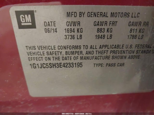 Aukcja sprzedaży 2014 Chevrolet Sonic Lt Auto, vin: 1G1JC5SH3E4233195, numer aukcji: 45021733