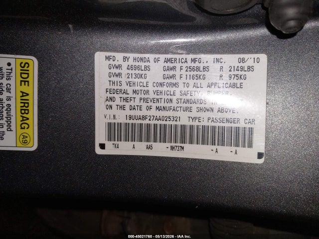 Aukcja sprzedaży 2010 Acura Tl 3.5, vin: 19UUA8F27AA025321, numer aukcji: 45021760
