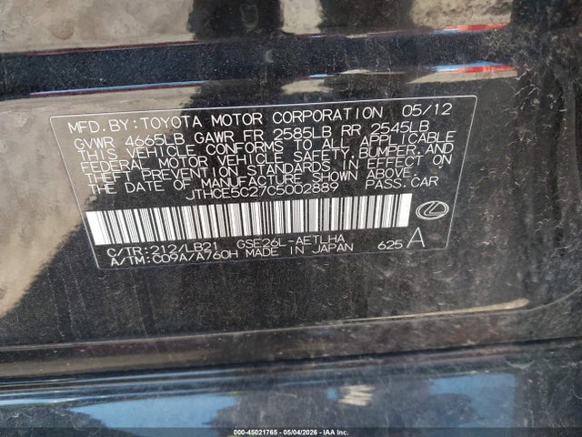 Aukcja sprzedaży 2012 Lexus Is 350, vin: JTHCE5C27C5002889, numer aukcji: 45021765