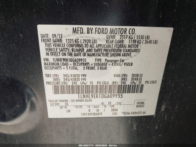 Продаж на аукціоні авто 2013 Lincoln Mks, vin: 1LNHL9EK1DG609955, номер лоту: 45021773