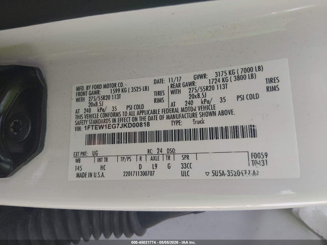 Aukcja sprzedaży 2018 Ford F-150 Lariat, vin: 1FTEW1EG7JKD00818, numer aukcji: 45021774