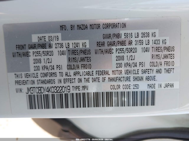 Продажа на аукционе авто 2019 Mazda Cx-9 Grand Touring, vin: JM3TCBDY4K0322019, номер лота: 45021776