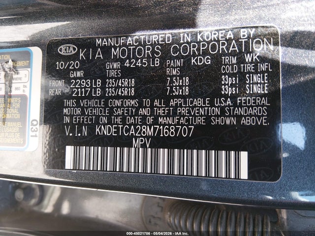 2021 Kia Seltos Sx Turbo მანქანა იყიდება აუქციონზე, vin: KNDETCA28M7168707, აუქციონის ნომერი: 45021786