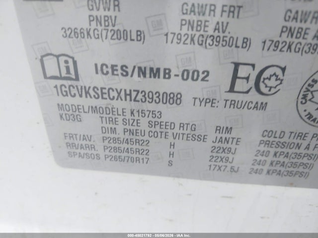 Aukcja sprzedaży 2017 Chevrolet Silverado 1500 2lz, vin: 1GCVKSECXHZ393088, numer aukcji: 45021792