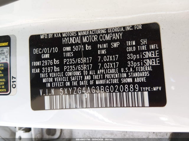 Продажа на аукционе авто 2011 Hyundai Santa Fe Gls V6, vin: 5XYZG4AG3BG020889, номер лота: 45021796