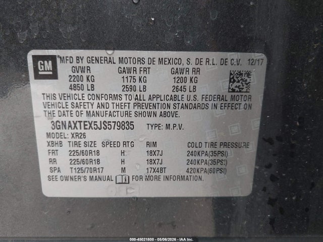 Продаж на аукціоні авто 2018 Chevrolet Equinox Lt, vin: 3GNAXTEX5JS579835, номер лоту: 45021800