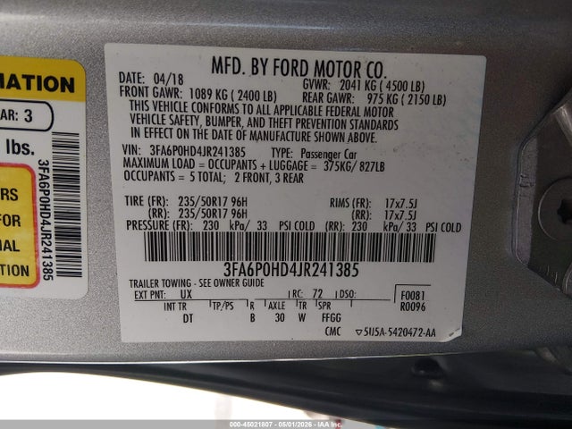 Ford FUSION SE 2018 3FA6P0HD4JR241385 Image 9