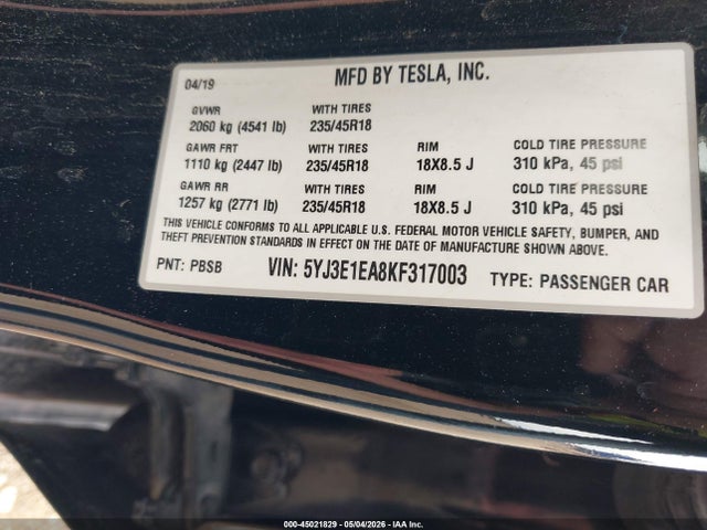 2019 Tesla Model 3 Long Range/mid Range/standard Range/standard Range Plus მანქანა იყიდება აუქციონზე, vin: 5YJ3E1EA8KF317003, აუქციონის ნომერი: 45021829