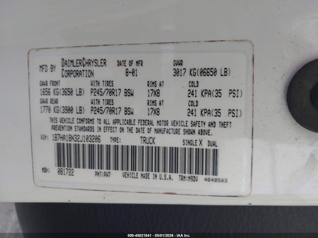 2002 Dodge Ram 1500 St მანქანა იყიდება აუქციონზე, vin: 1B7HA18N32J103206, აუქციონის ნომერი: 45021841