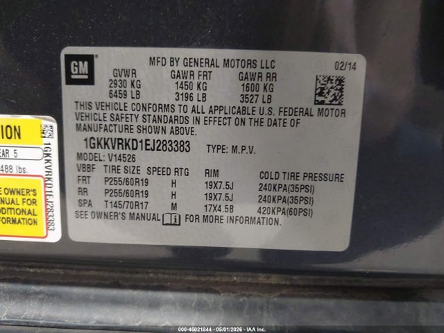 2014 Gmc Acadia Slt-1 მანქანა იყიდება აუქციონზე, vin: 1GKKVRKD1EJ283383, აუქციონის ნომერი: 45021844