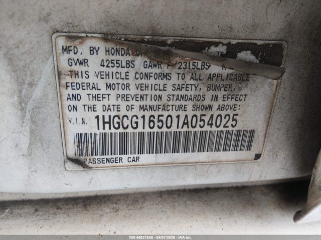 Aukcja sprzedaży 2001 Honda Accord 3.0 Ex, vin: 1HGCG16501A054025, numer aukcji: 45021848