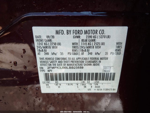 Продажа на аукционе авто 2020 Ford Edge Sel, vin: 2FMPK3J90LBB23559, номер лота: 45021862