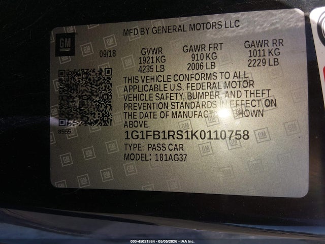 Aukcja sprzedaży 2019 Chevrolet Camaro 1lt, vin: 1G1FB1RS1K0110758, numer aukcji: 45021864