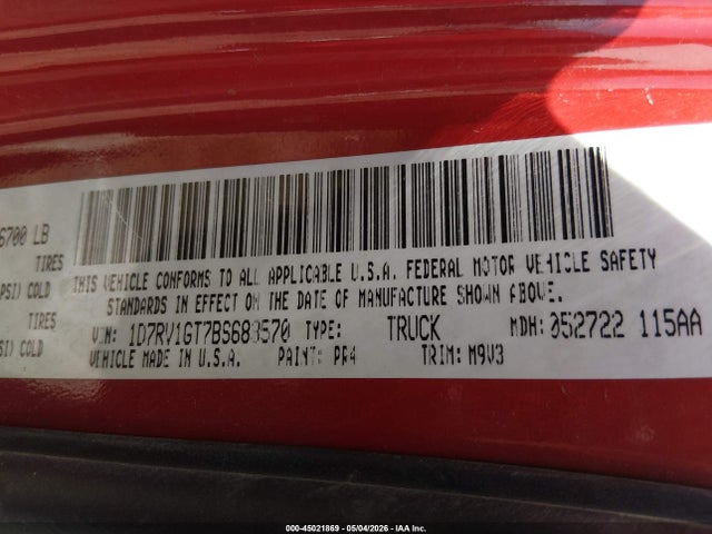 45021869 :رقم المزاد ، 1D7RV1GT7BS683570 vin ، 2011 Ram Ram 1500 Slt مزاد بيع