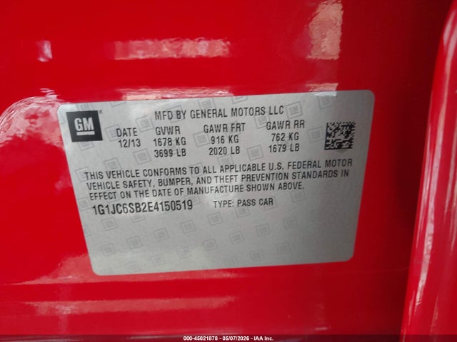 Aukcja sprzedaży 2014 Chevrolet Sonic Lt Auto, vin: 1G1JC6SB2E4150519, numer aukcji: 45021878